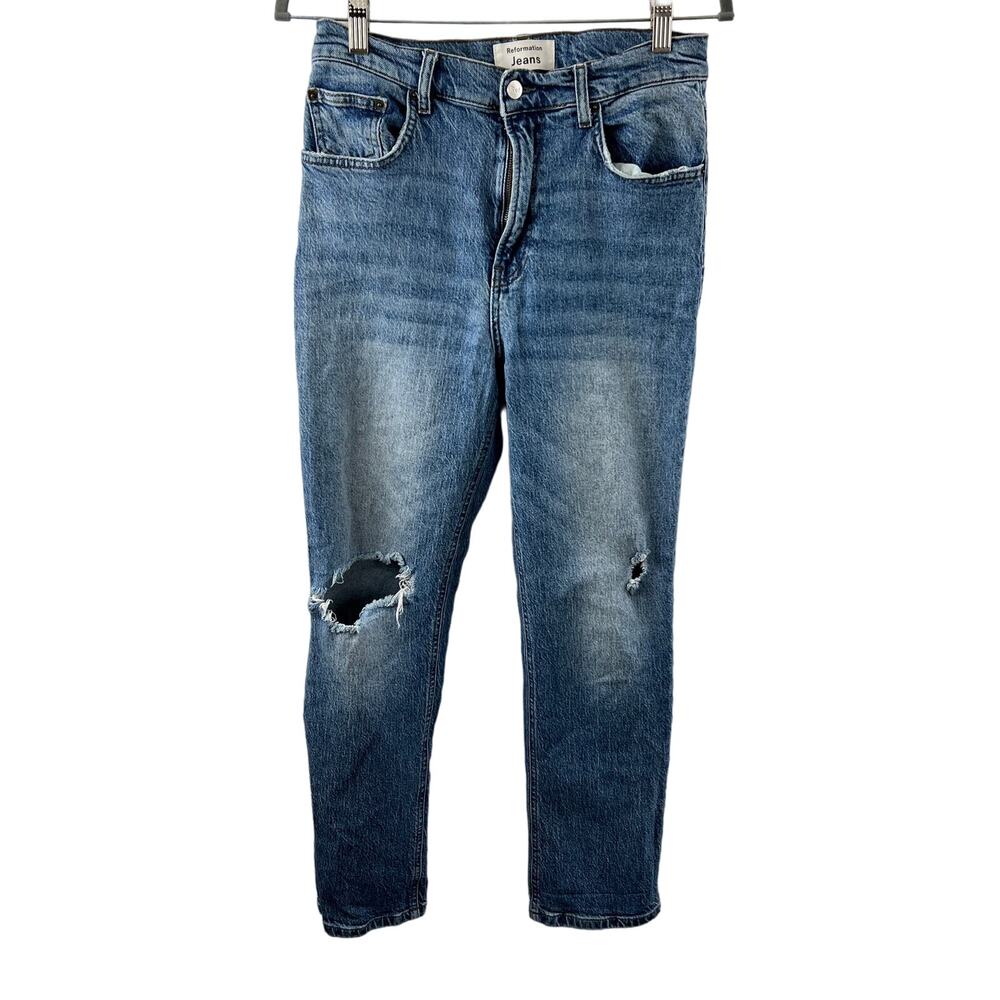 Reformation Blue Denim Jeans Cotton Stretch 5-Pockets Distressed Straight Leg 29